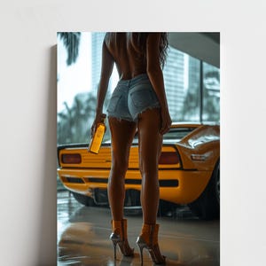 Yellow Muscle Car Canvas Art: Woman with Bottle, Modern Decor Print