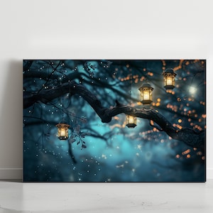Magischer Baum Verzaubernde Waldszene Laternen am Baum Nachtmagie Wanddekor Gemälde Minimalistische Pflanzenkunst Druck Kunst