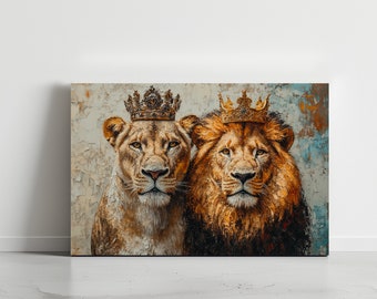 Lion King and Queen Canvas Art: Wildlife Couple Portrait