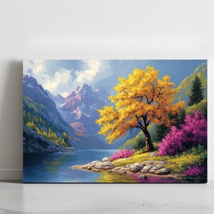 Magischer Baum Bezaubernde Waldszene, Berge und Fluss, Herbstlandschaft, Gelbe Blätter Baum, Wanddekoration Baum Kunstdruck Poster Leinwand