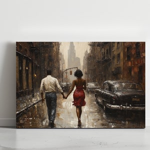 Glückliches Paar, Stadt Landschaft, Schwarzer Mann und Frau Retro Abstrakt Wand Kunst Druck Leinwand Kunstdruck Liebe Wohnzimmer Schlafzimmer Wand dekor