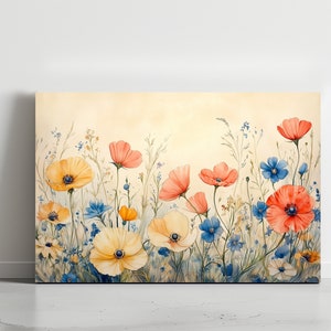 Field Flowers Watercolor Paint Printing on Canvas, Original Floral Printing, Living Room Wall Decor, Modern Wall Art, Poppy, Farmhouse