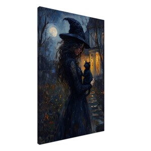 Witch and Black Cat Vintage Art Poster - Halloween Canvas Print - Etsy