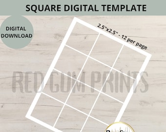Può includere: Un modello digitale per creare fogli stampabili con 12 quadrati di 2,5 pollici per 2,5 pollici per pagina. Il modello è progettato per fogli di 8,5 pollici per 11 pollici ed è disponibile come file PNG.