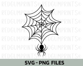 May include: Black and white silhouette of a spider web with a spider hanging from the bottom. The spider web is a simple design with a circular center and radiating lines.