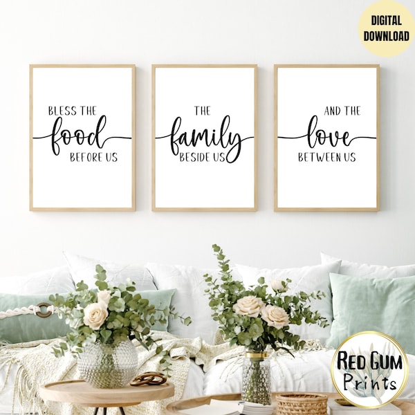 Set of 3, Bless the food before us, the family beside us, and the love between us, Wall Art, Minimalist, Dining Room Decor, Kitchen Decor