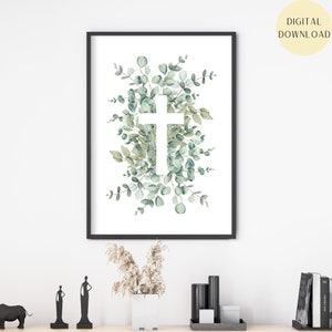 Kreuz Eukalyptus Blatt Druck, Schrift christliche Bibel WandKunst Druck, Haus Küche Wäsche Dekor Drucke, Digital Download, PNG, Kreuz