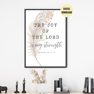 May include: A printable wall art print with a watercolor feather design and the text "The joy of the Lord is my strength" with the scripture reference "Nehemiah 8:10".