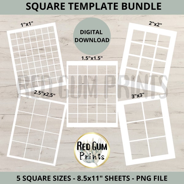 5 Sizes Square Template Bundle, Digital Download, Label Sticker Template, Design Template, Paper Size 8.5"x11", PNG, Print, Editable