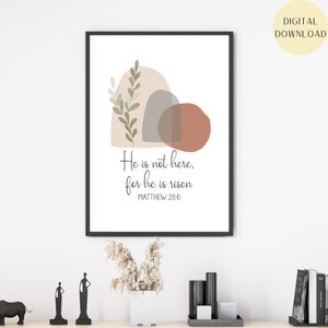 Puede incluir: Impresión digital de arte imprimible con formas abstractas en tonos de marrón, beige y gris con una rama frondosa verde. El texto dice "Él no está aquí, porque ha resucitado" con la referencia bíblica "Mateo 28:6".