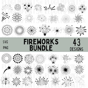 May include: A set of 43 black and white firework illustrations. The illustrations are in various shapes and sizes, and they are all outlined in black. The text "FIREWORKS BUNDLE" and "43 DESIGNS" is at the top of the image.