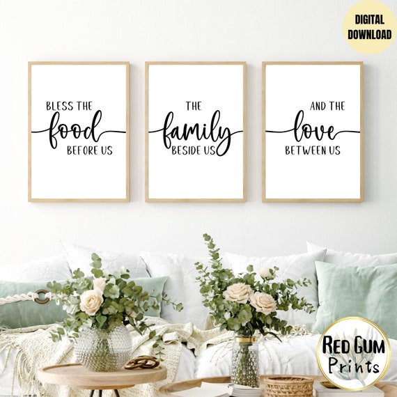 Set of 3, Bless the food before us, the family beside us, and the love between us, Wall Art, Minimalist, Dining Room Decor, Kitchen Decor