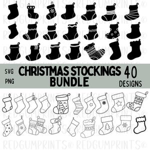 May include: A set of 40 black and white Christmas stocking illustrations. The top row features 10 black silhouette stockings with various designs. The bottom row features 10 outline stockings with various designs. The text "CHRISTMAS STOCKINGS 40 BUNDLE DESIGNS" is at the top of the image.