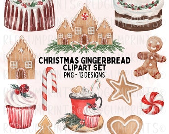 May include: Watercolor Christmas gingerbread clipart set featuring various festive designs. Includes gingerbread houses, cookies, cakes, cupcakes, candy canes, and a gingerbread man. The text reads "CHRISTMAS GINGERBREAD CLIPART SET PNG - 12 DESIGNS."