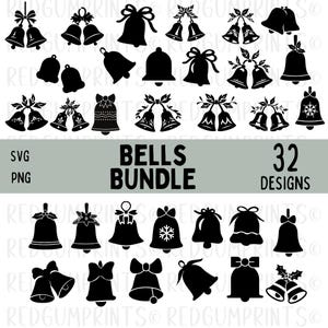 May include: A set of 32 black and white Christmas bell SVG and PNG digital clip art designs. The bells are in various styles, including single bells, double bells, and bells with bows and holly.