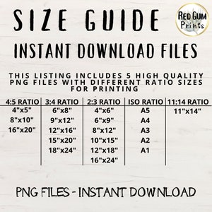 K&ouml;nnte beinhalten: Ein Gr&ouml;&szlig;enleitfaden f&uuml;r druckbare PNG-Dateien mit verschiedenen Seitenverh&auml;ltnissen. Der Leitfaden umfasst f&uuml;nf verschiedene Verh&auml;ltnisse: 4:5, 3:4, 2:3, ISO und 11:14. Jedes Verh&auml;ltnis hat eine Liste der entsprechenden Gr&ouml;&szlig;en in Zoll. Der Leitfaden enth&auml;lt auch den Text "Red Gum Prints" und "Sofort-Download-Dateien".