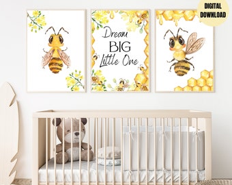 Honey Bee Nursery Prints, Set of 3, Printable Wall Decor, Kids