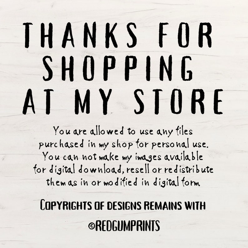 K&ouml;nnte beinhalten: Wei&szlig;er Holzgrund mit schwarzem Text: "DANKE F&Uuml;R IHREN EINKAUF IN MEINEM SHOP." Zus&auml;tzlicher Text enth&auml;lt Nutzungsbedingungen. Der Copyright-Hinweis f&uuml;r @REDGUMPRINTS befindet sich unten.