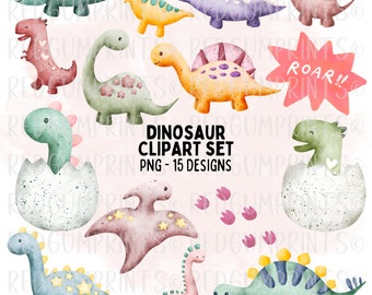 May include: A set of 15 watercolor dinosaur illustrations. The dinosaurs are in various poses, including standing, sitting, and hatching from eggs. The dinosaurs are in a variety of colors, including green, blue, pink, yellow, and orange. The set also includes a pink speech bubble with the word "ROAR!" in white text.