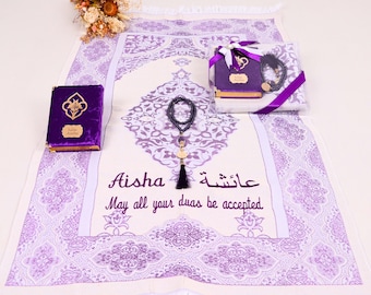 Personalized Travel Prayer Mat Set, Lightweight Velvet Quran Tasbih Gift Box, Ramadan Wedding Mothers Day Gift, Islamic Eid Gift Set