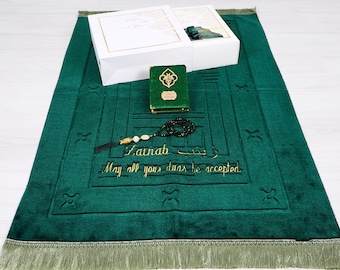 Personalized Plush Prayer Mat Velvet Quran Crystal Tasbih Gift Set | Ramadan Eid Hajj Wedding Birthday Father's Mother's Valentines Day Gift