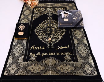 Ensemble-cadeau personnalisé de tapis de prière de voyage léger en velours Coran Tasbih | Cadeaux Ramadan Eid Mariage Anniversaire Mères Pères Saint Valentin
