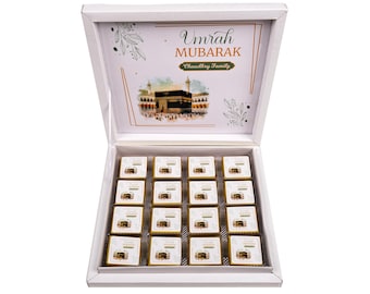 16 PCS with Box Umrah Mubarak Custom Chocolate Favors Box, Hajj Mubarak, Eid Al Adha Favors for Guests, Eid Mubarak, Eid Gifts, Eid Favors