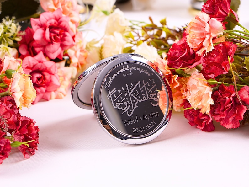 Gepersonaliseerde reis draagbare make-upspiegelgunsten voor gasten in bulk Ramadan Eid bruiloft baby shower verjaardag islamitische moslim feestcadeaus Zilver