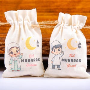 Personalized Eid Gift Bag for Kids - Custom Ramadan Favor Pouch - Islamic Party Goodie Bag - Cotton Treat Bag with Name - Gif Bag for Guests