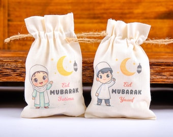 Personalized Eid Gift Bag for Kids - Custom Ramadan Favor Pouch - Islamic Party Goodie Bag - Cotton Treat Bag with Name - Gif Bag for Guests