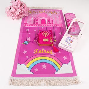 Personalized Kids Prayer Mat Quran Tasbeeh Gift Set, Double Layered, Eid Ramadan Muslim Kids Gift Birthday Graduation Quran Completion Gifts