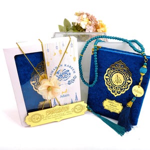 Personalized Velvet Dua Book Bookmark Tasbeeh Gift Set | Ramadan Eid Hajj Umrah Wedding Birthday Islamic Muslim Party Favors Gift for Guests