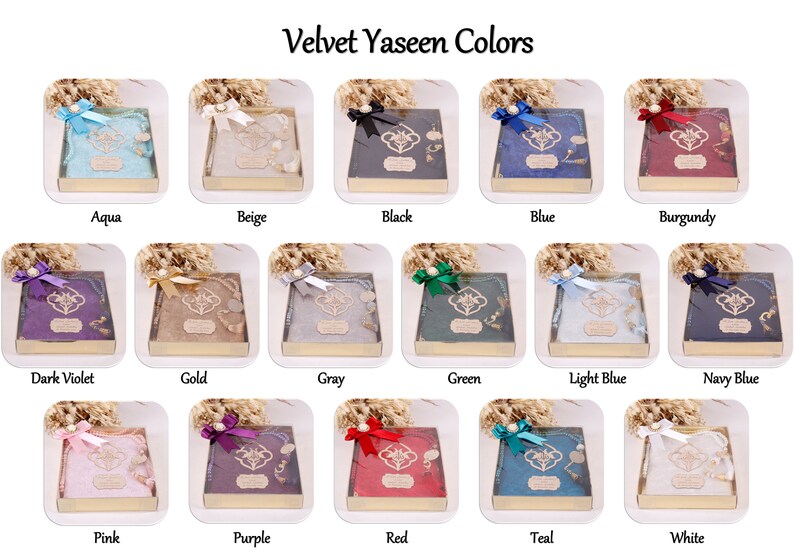 May include: A display of velvet Yaseen books in various colors, including aqua, beige, black, blue, burgundy, dark violet, gold, gray, green, light blue, navy blue, pink, purple, red, teal, and white. Each book is in a clear box with a decorative bow.