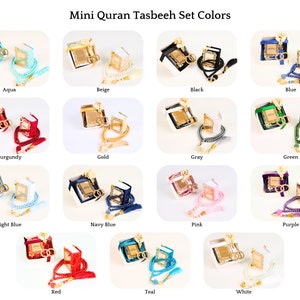 May include: A set of mini Quran and tasbeeh sets in various colors, including aqua, beige, black, blue, burgundy, gold, gray, green, light blue, navy blue, pink, purple, red, teal, and white.