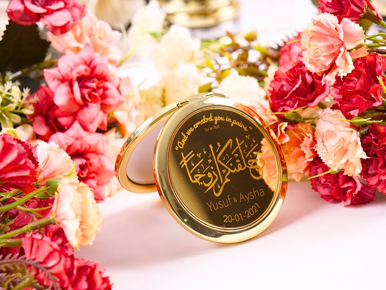 Gepersonaliseerde reis draagbare make-upspiegelgunsten voor gasten in bulk Ramadan Eid bruiloft baby shower verjaardag islamitische moslim feestcadeaus Goud