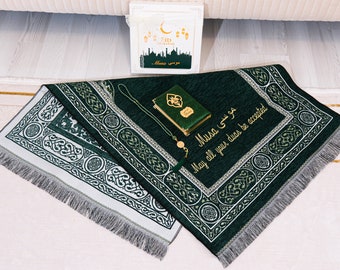 Juego de regalo islámico personalizado con tapete de oración y tasbih del Corán, ideal para Ramadán, Eid, bodas, cumpleaños, San Valentín, aniversarios, etc.