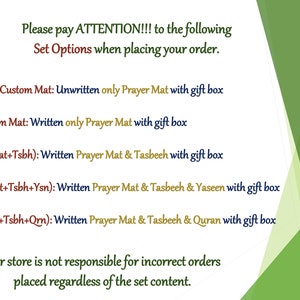 May include: A green and white graphic with text detailing set options for prayer mats, including custom and non-custom options, with gift boxes. The text emphasises the importance of selecting the correct set.