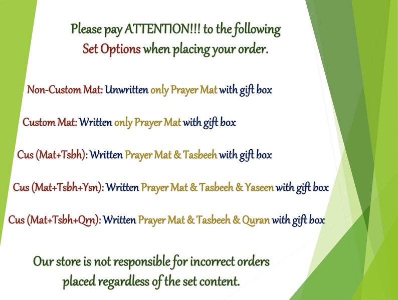 May include: A green and white graphic with text detailing set options for prayer mats, including custom and non-custom options, with gift boxes. The text emphasises the importance of selecting the correct set.