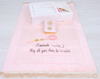Personalized Plush Prayer Mat Velvet Quran Crystal Tasbih Gift Set | Ramadan Eid Hajj Wedding Birthday Father's Mother's Valentines Day Gift