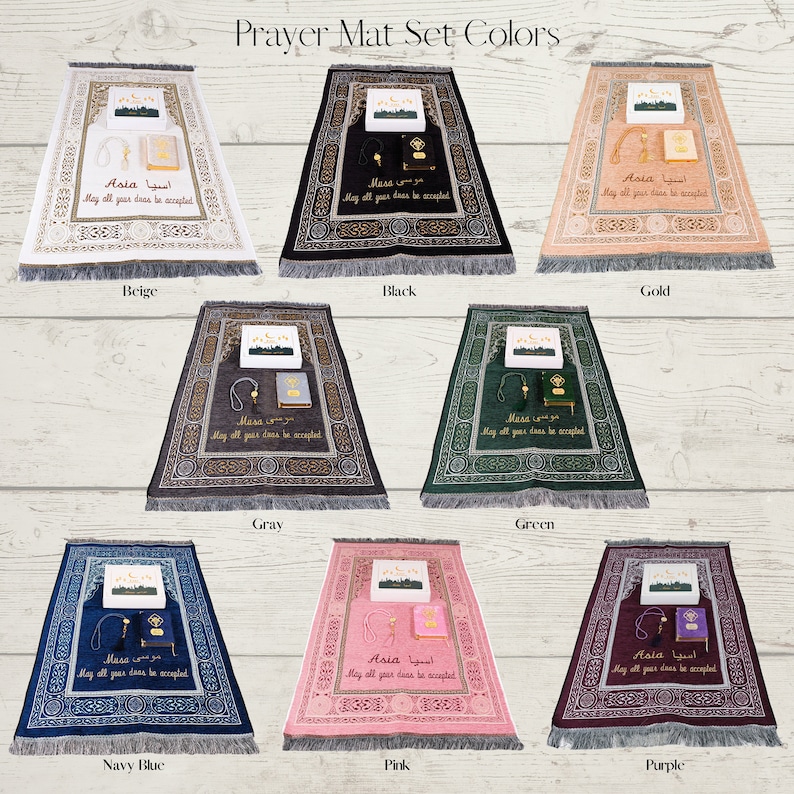 May include: A selection of prayer mat sets in diverse colours: beige, black, gold, grey, green, navy blue, pink, and purple. Each set features a prayer mat, a small book, and a prayer bead necklace. The text "Prayer Mat Set Colors" is displayed at the top.