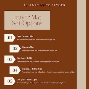 May include: An image with text advertising "ISLAMIC ELITE FAVORS" and "Prayer Mat Set Options." The image details five options, including non-custom and custom prayer mats, with combinations of prayer mats, Tasbeeh, Dua Book, and Quran.