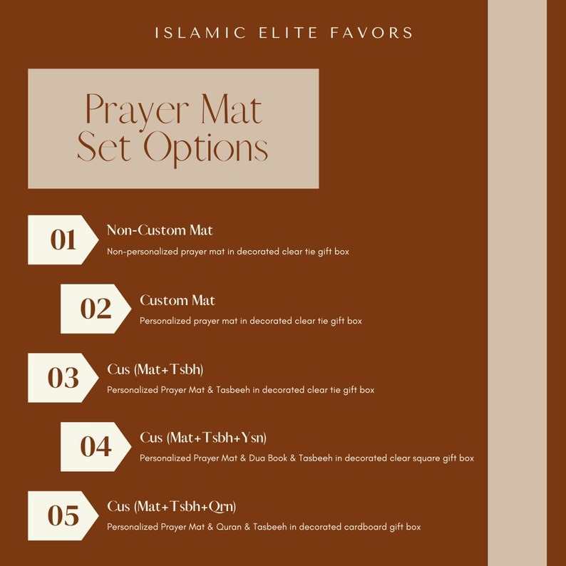 May include: An image with text advertising "ISLAMIC ELITE FAVORS" and "Prayer Mat Set Options." The image details five options, including non-custom and custom prayer mats, with combinations of prayer mats, Tasbeeh, Dua Book, and Quran.