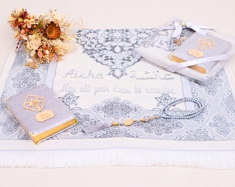 Personalized Travel Prayer Mat Set, Lightweight Velvet Quran Tasbih Gift Box, Ramadan Wedding Mothers Day Gift, Islamic Eid Gift Set