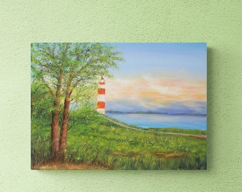 Landschaft original Ölgemälde, Leuchtturm Sonnenuntergang Meeresgemälde, Wiese Landschaftsbild  Naturmalerei  auf Leinwand