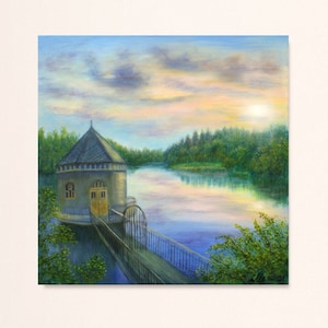 Landscape oil painting, sunset at the lake house hand-painted, summer landscape gift for nature loves canvas 16 x 16 inch