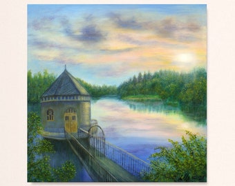 Sonnenuntergang Gemälde originales Kunstwerk  Landschaft mit See und Haus, Natur Kunstwerk grüne und blaue Kunst auf Leinwand