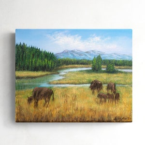 Teton Nationalpark Gemälde Bison Bild Bergsee Nationalpark Wyoming Büffel Original Ölgemälde 24 cm x 30 cm Leinwand