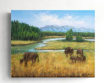 Parco nazionale Teton pittura bisonte pittura montagna lago parco nazionale Wyoming bufalo pittura a olio originale tela 9,4 "x 12"