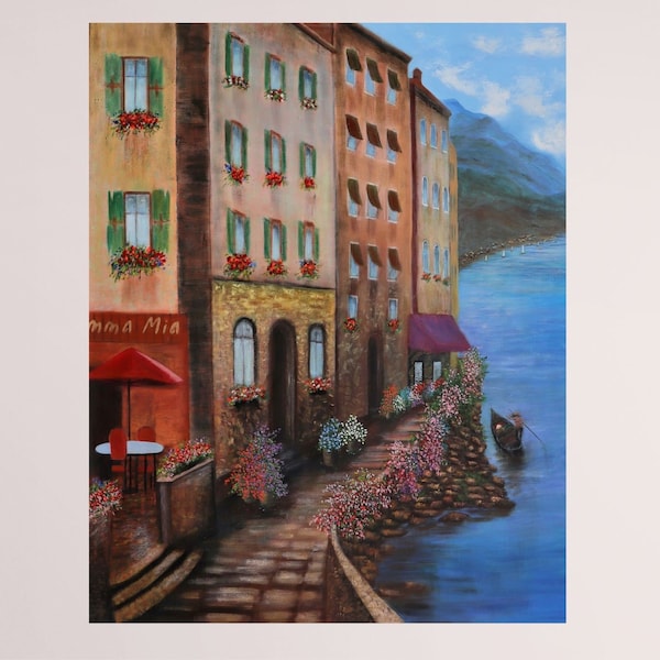 Original extra large painting italy oil painting  italian cafe art, italy landscape city and coastal large canvas art