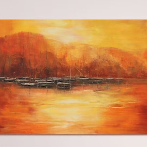 Sunset painting original oil painting, abstract landscape seascape painting, sailboats moody minimalist mountain landscape 16 x 24 inch